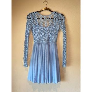 LIGHT BLUE LONG SLEEVE CROCHET TULLE SKATER DRESS